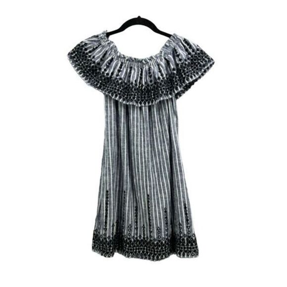 Parker Women Blue White Black Stripes Linen Blend Off the Shoulder Mini Dress XS - Picture 12 of 12